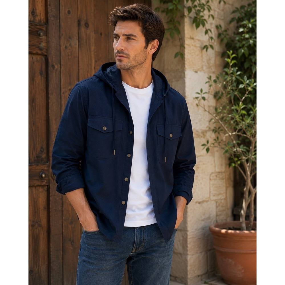 Liz Claiborne Navy Hooded Utility Button Front Shirt Jacket Size L 100% Cotton